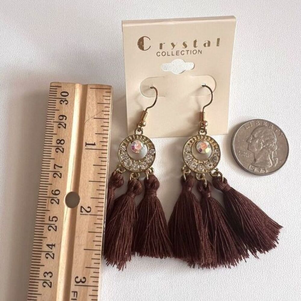 CRYSTAL COLLECTION Brown Tassel Earrings Bohemian Boho Drop Crystal Earrings - Picture 9 of 9